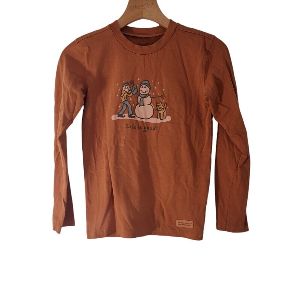 Life Is Good Top Kids Boys Long‎ Sleeve Brown Snowman Dog Shirt Size 7-8 M EUC